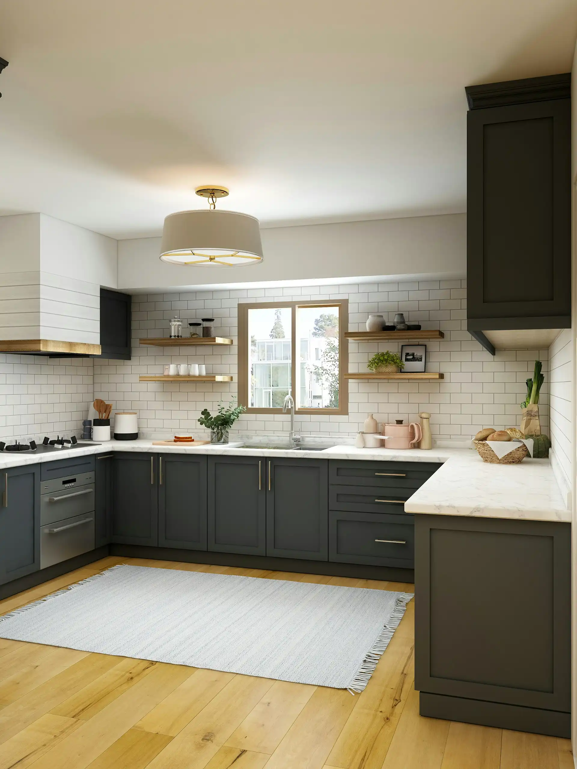 Stylish kitchen featuring wooden cabinets and bright lighting