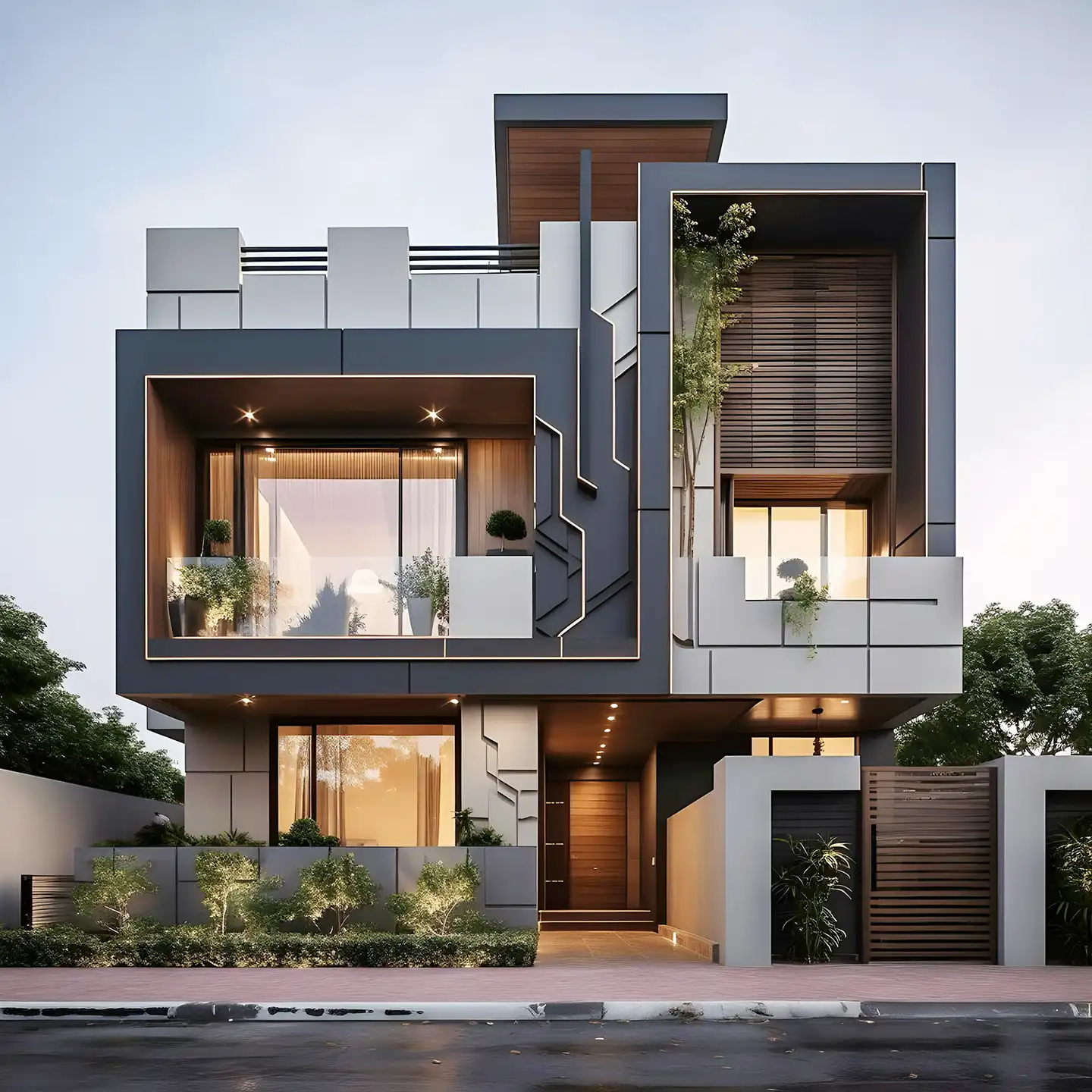 Modern home exterior in daylight with large windows and bright facade