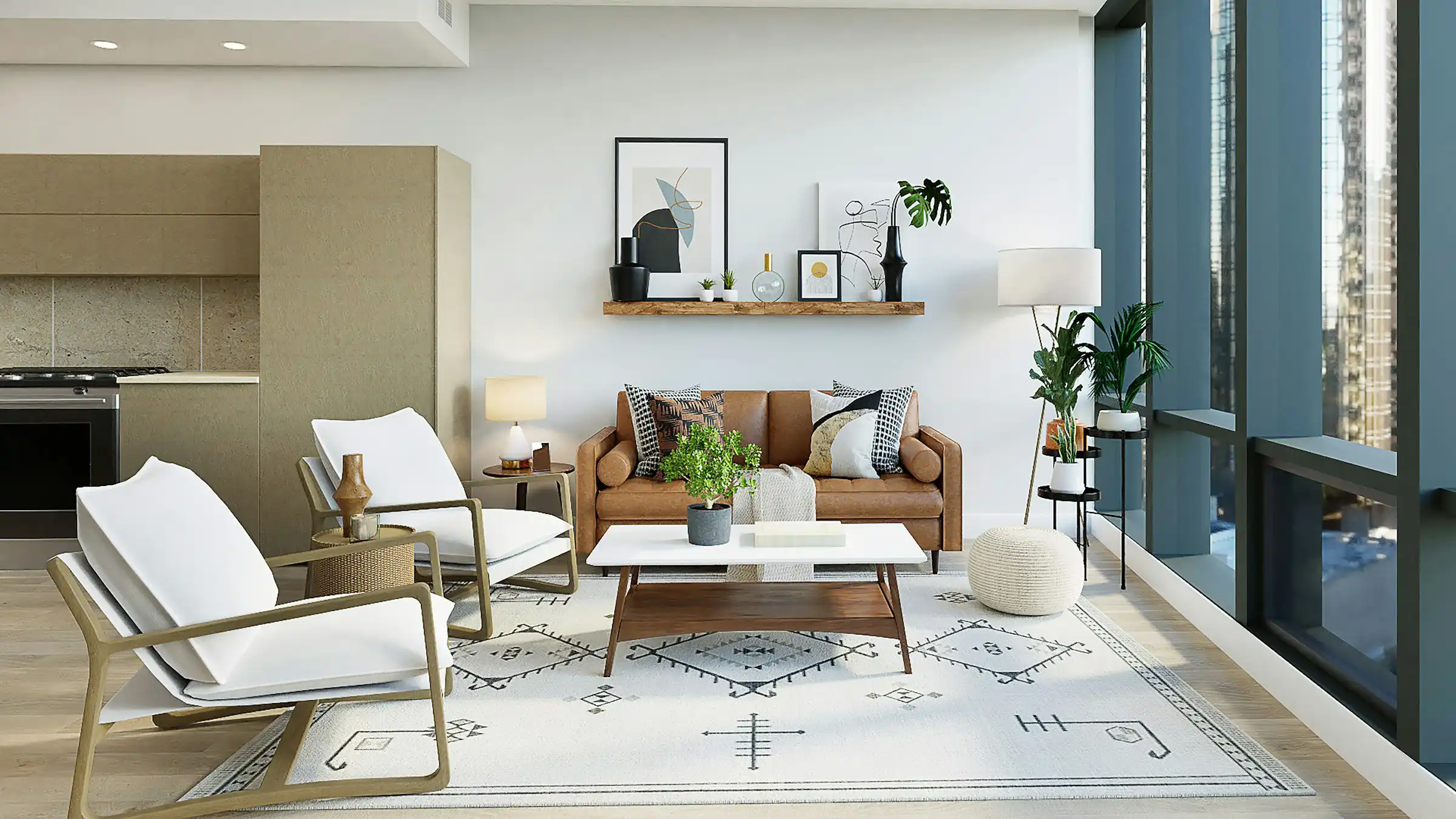 Comfortable living room with sofa, coffee table, and soft lighting