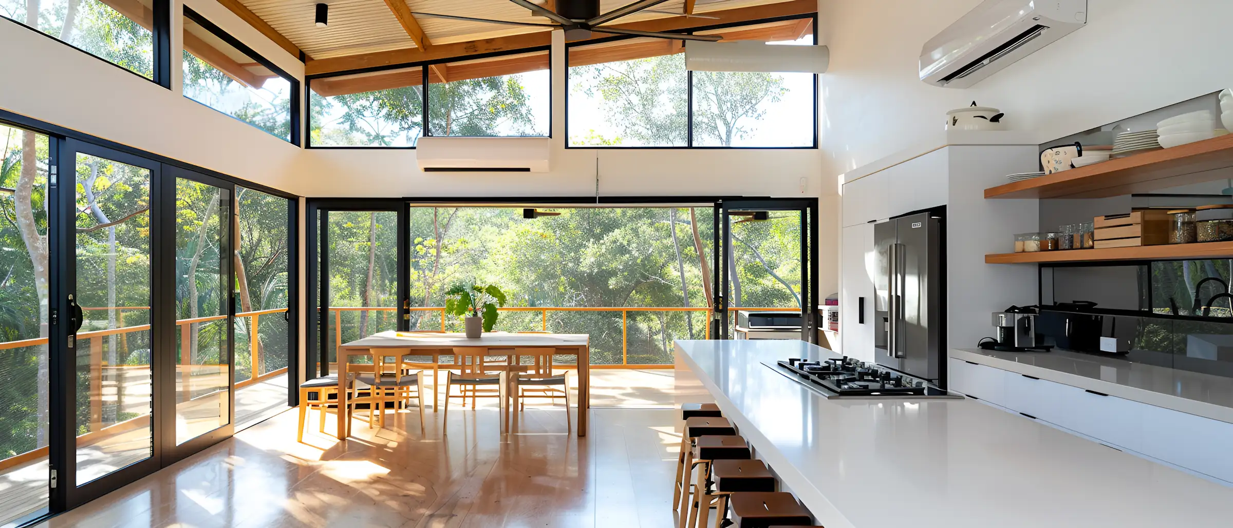 Open kitchen layout with clean surfaces and minimal design