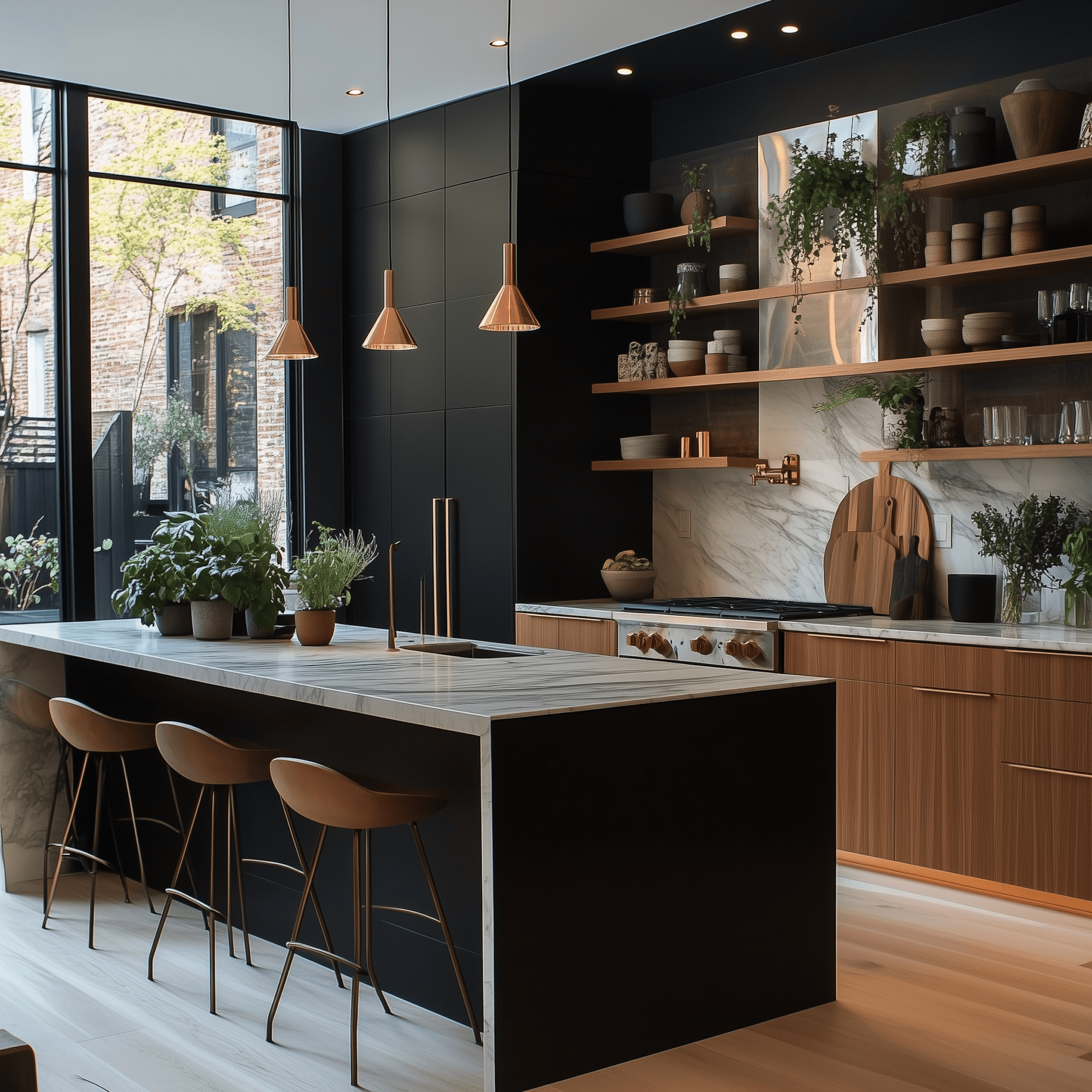 Modern kitchen with sleek cabinets, countertop, and built-in appliances