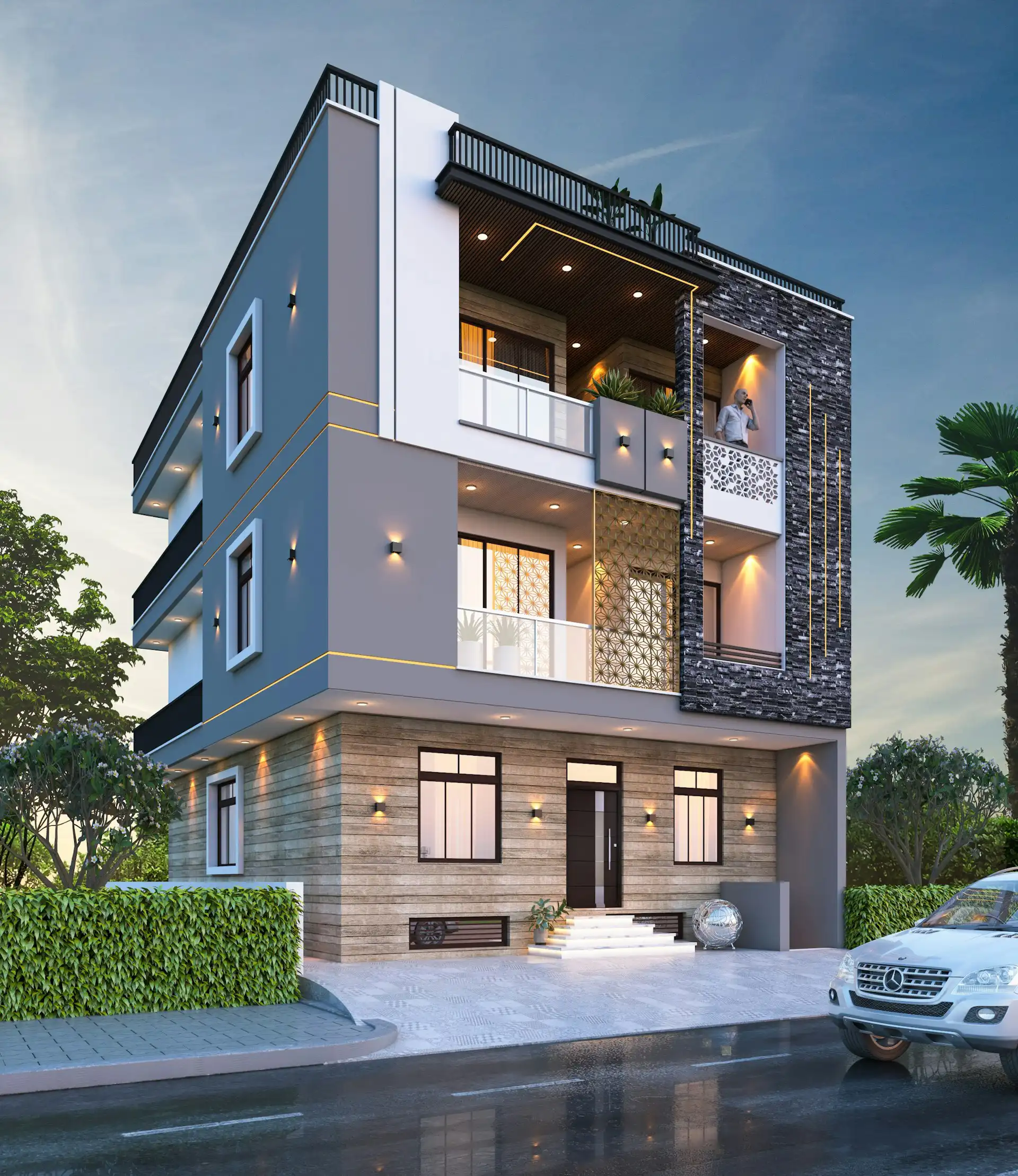 Stylish exterior view with plants, grass lawn, and modern facade