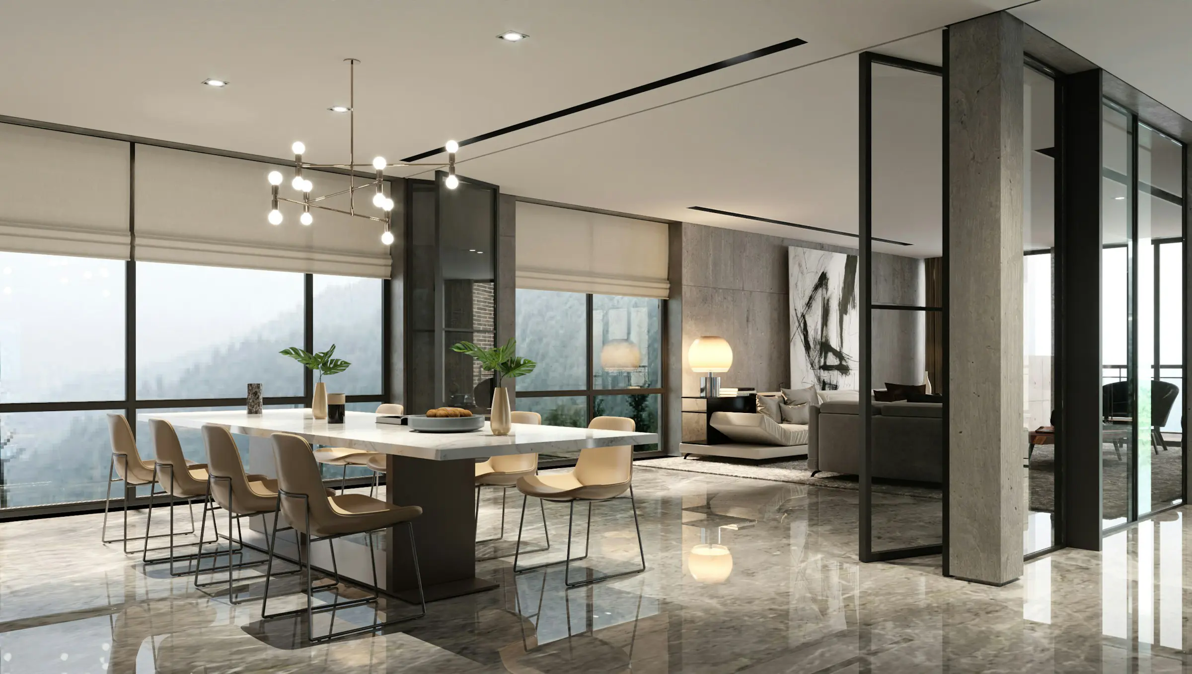 Spacious lounge with seating arrangement and decorative accents