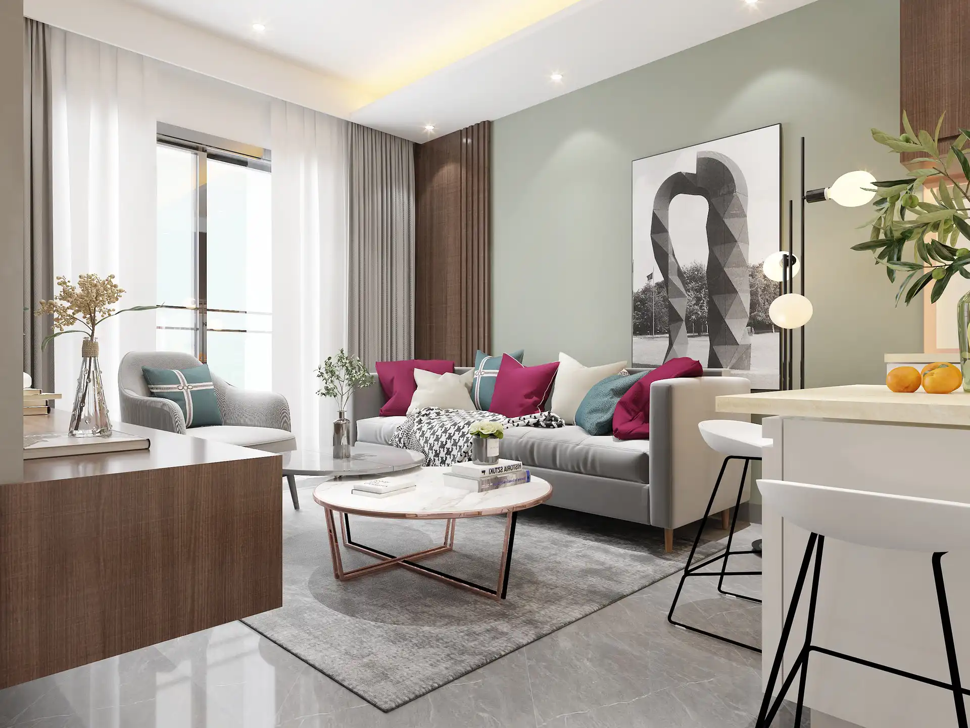Comfortable living room with sofa, coffee table, and soft lighting