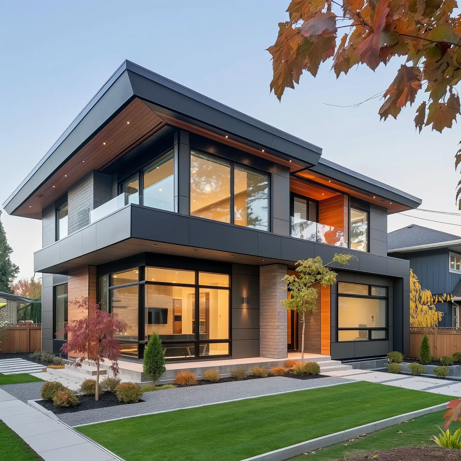 Modern house exterior with landscaped garden and paved driveway