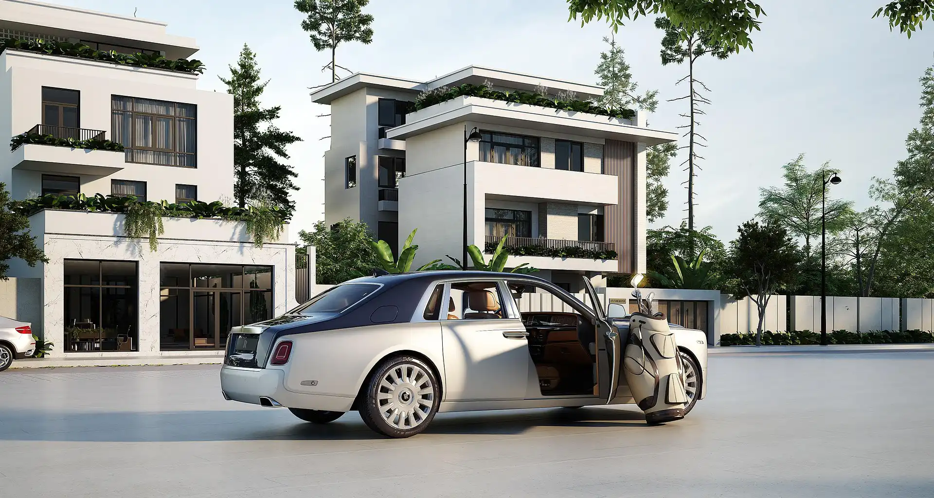 Modern home exterior in daylight with large windows and bright facade