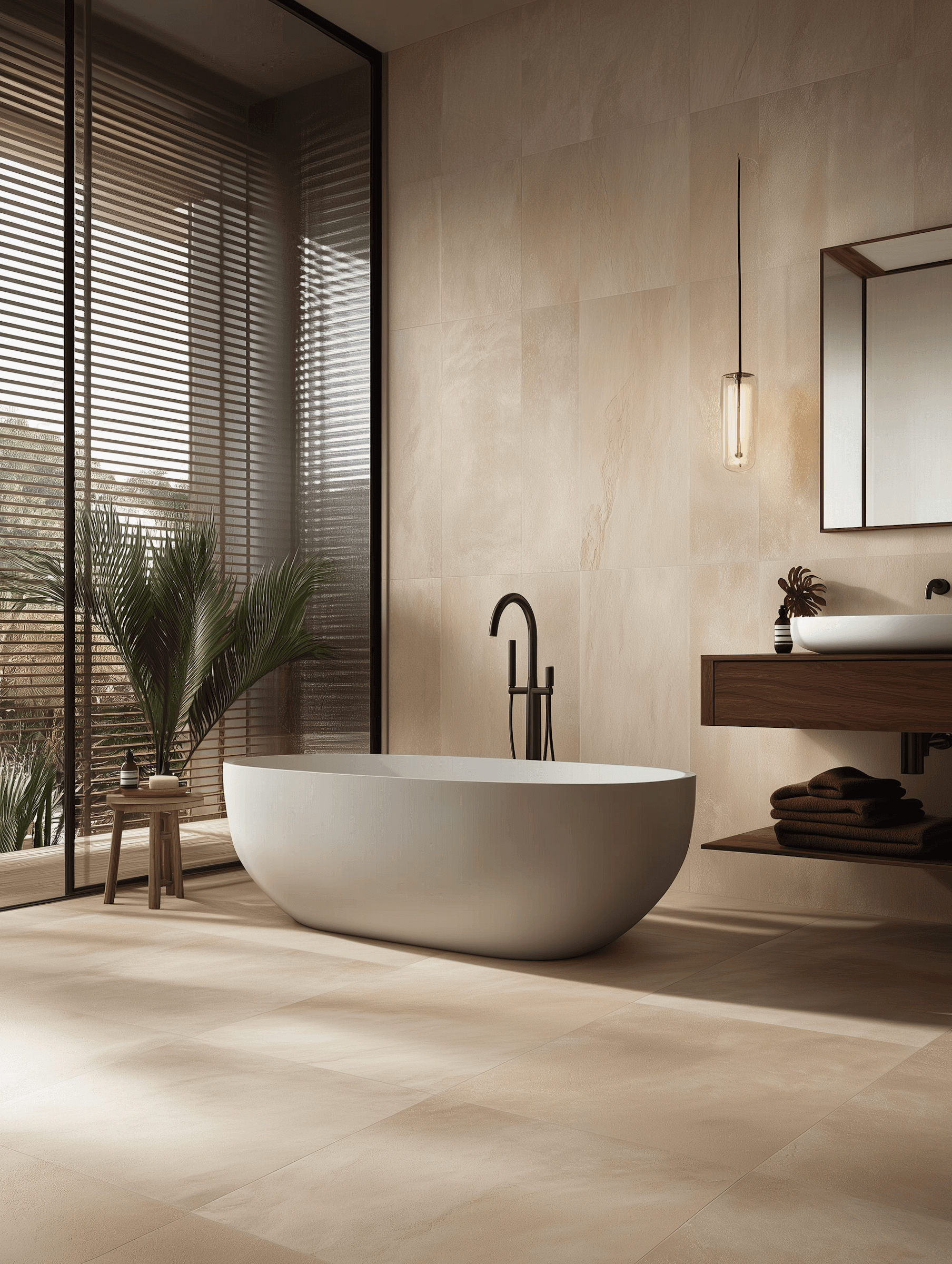 Modern washroom featuring tiled walls, vanity unit, and soft lighting