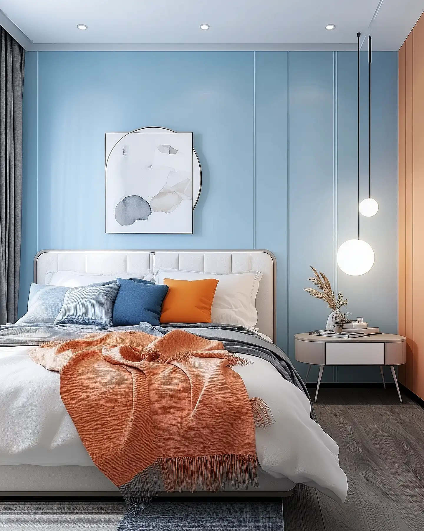 Modern bedroom with a neatly made bed, soft lighting, and minimal decor
