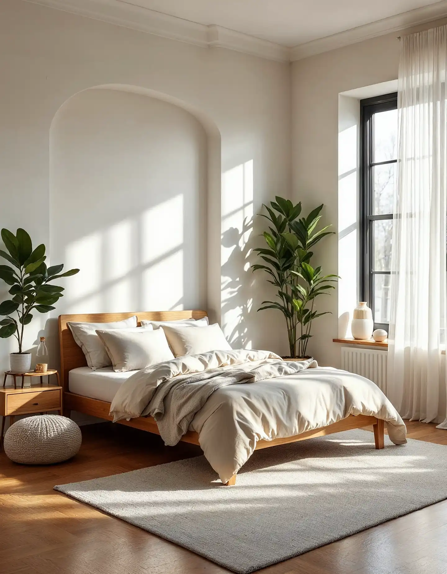 Spacious bedroom with large windows, wooden flooring, and natural light