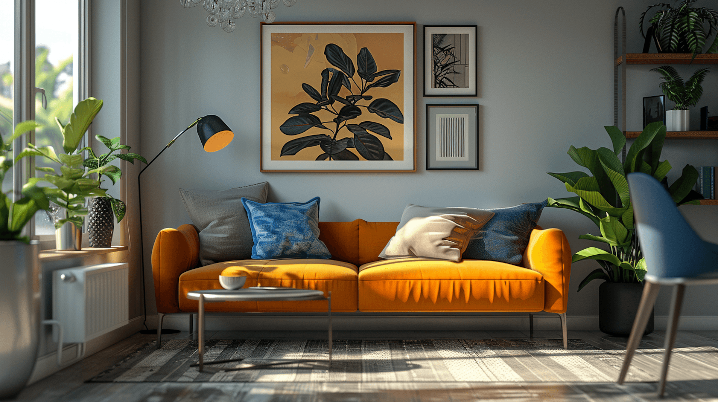 Spacious lounge with seating arrangement and decorative accents