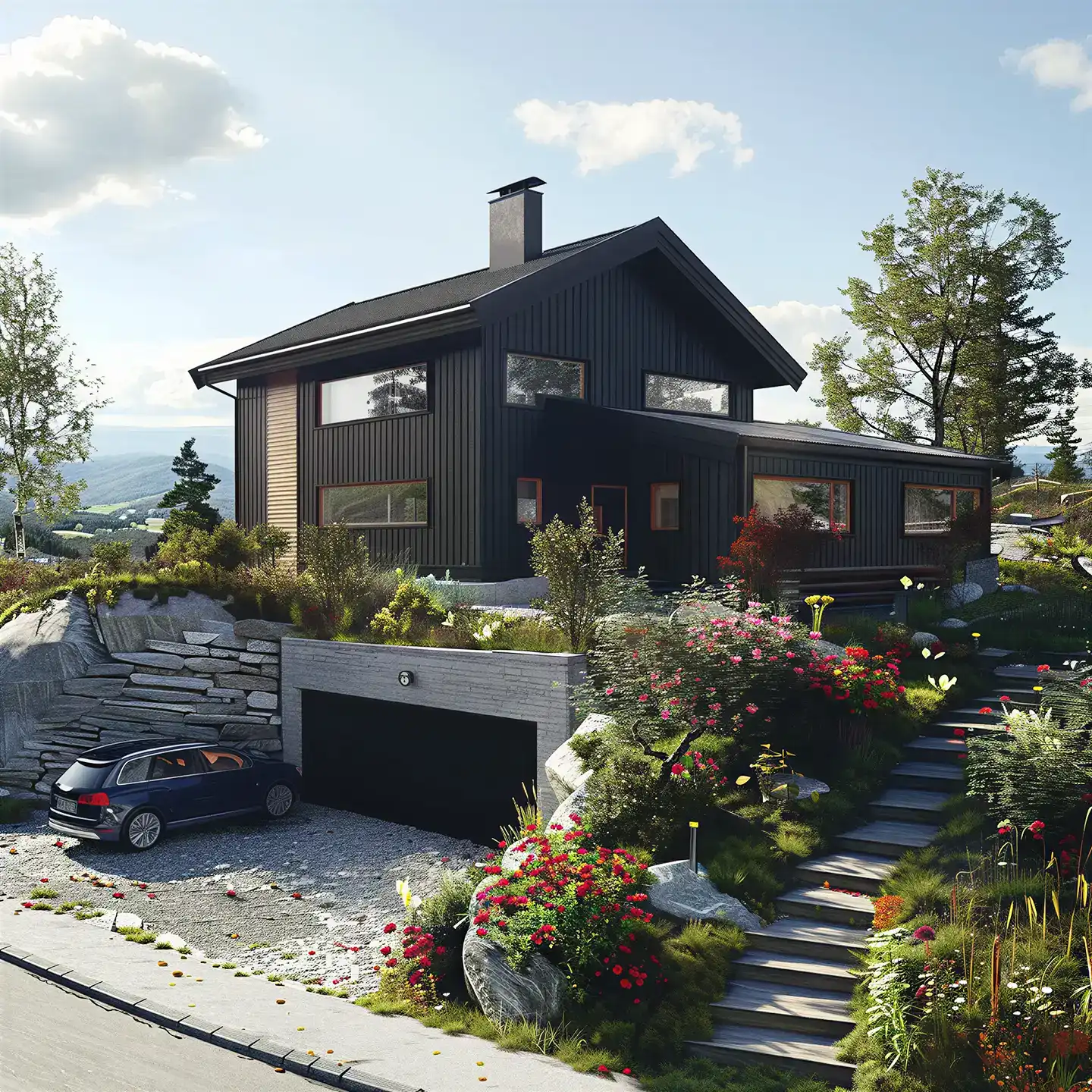 Stylish exterior view with plants, grass lawn, and modern facade