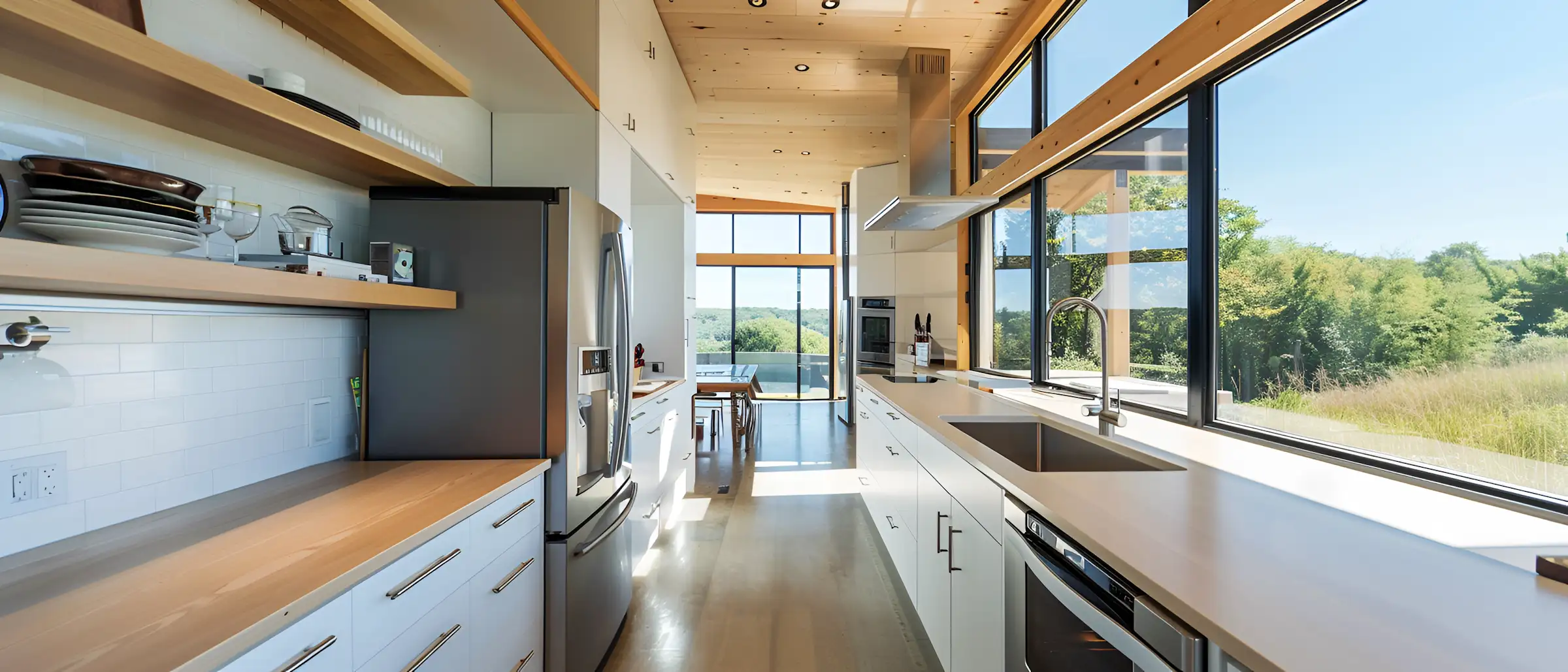 Modern living area with large windows and minimalist furniture